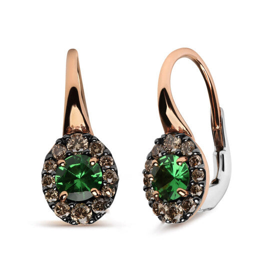 Original 18K Rose and White Gold 3/8 Cttw Round Brown Diamonds and Round Green Tsavorite Gemstone Halo Drop Hoop Earrings