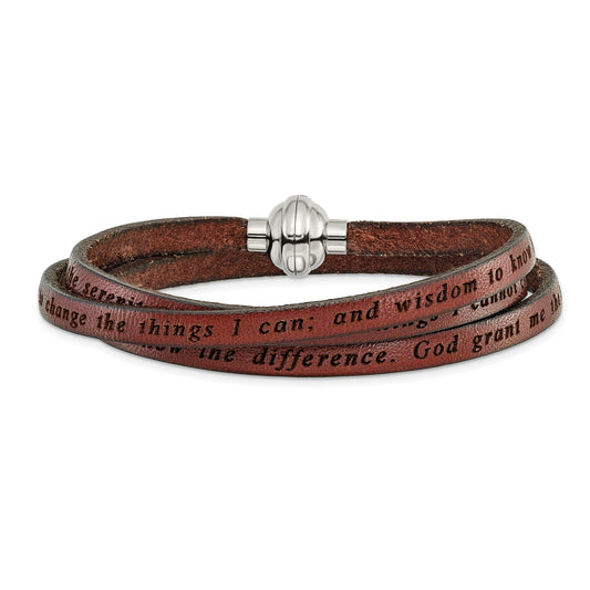 AMEN Stainless Steel Serenity Prayer Brown Leather Wrap with Magnetic Clasp 23.5 Inch Bracelet