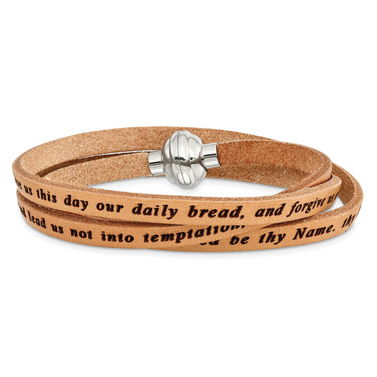 AMEN Stainless Steel Lord's Prayer Tan Leather Wrap with Magnetic Clasp with Magnetic Clasp 23.5 Inch Bracelet