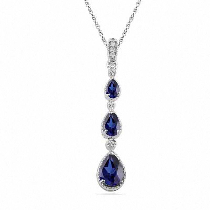 Pear-Shaped Lab-Created Blue Sapphire and Diamond Accent Drop Pendant in Sterling Silver