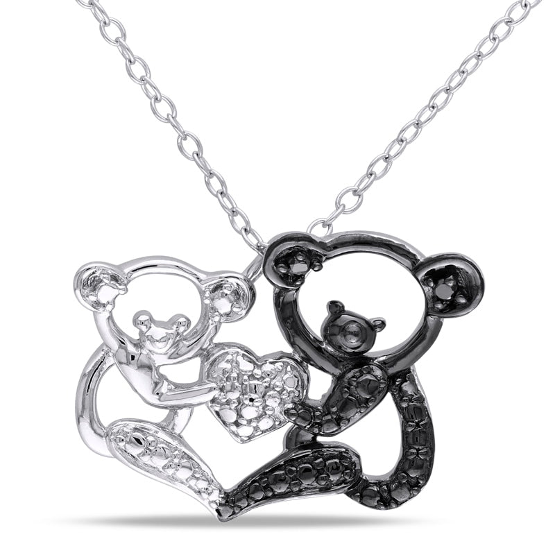 Enhanced Black Natural Diamond Accent Motherly Love Bear Pendant in Two-Tone Sterling Silver