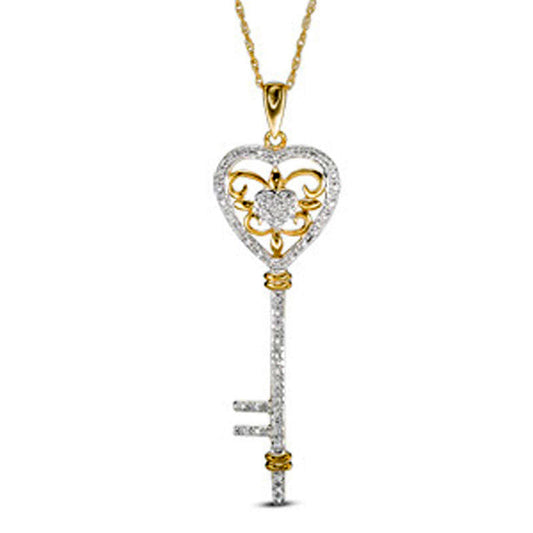 0.2 CT. T.W. Natural Diamond Heart Key Pendant in 10K Yellow Gold