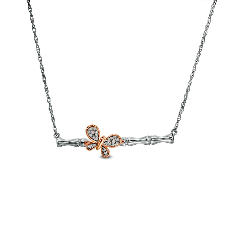 Natural Diamond Accent Sideways Bamboo Stick with Butterfly Necklace in Sterling Silver and 10K Rose Gold