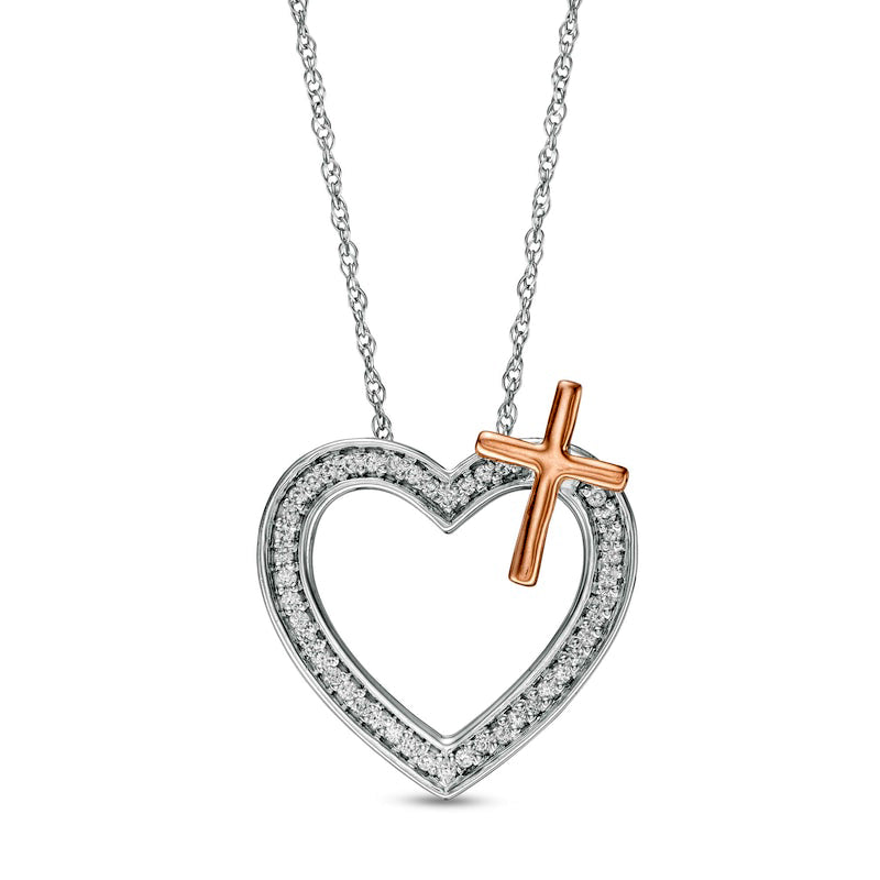 0.13 CT. T.W. Natural Diamond Heart with Cross Necklace in Sterling Silver and 10K Rose Gold