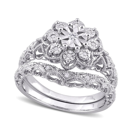 0.10 CT. T.W. Natural Diamond Flower Frame Antique Vintage-Style Bridal Engagement Ring Set in Sterling Silver