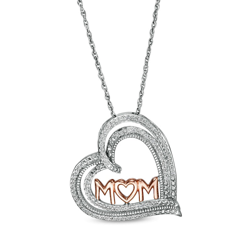 0.2 CT. T.W. Natural Diamond "MOM" Triple Row Heart Pendant in Sterling Silver with 10K Rose Gold