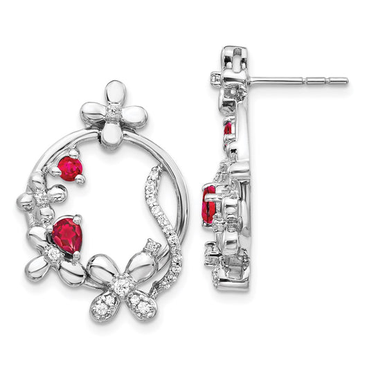 Solid 14k White Gold Simulated CZ & Ruby Flower Earrings