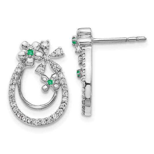 Solid 14k White Gold Simulated CZ & Emerald Flower Earrings