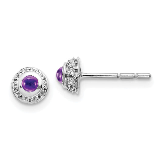 Solid 14k White Gold Simulated CZ and Cabochon Amethyst Earrings