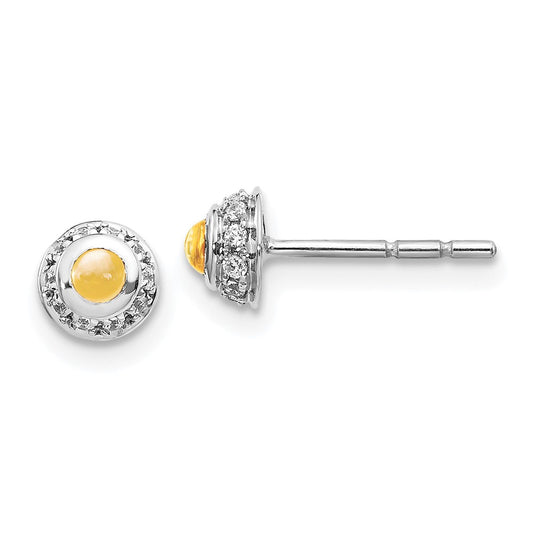 Solid 14k White Gold Simulated CZ and Cabochon Citrine Earrings