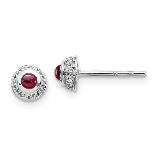 Solid 14k White Gold Simulated CZ and Cabochon Garnet Earrings