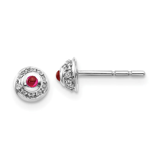 Solid 14k White Gold Simulated CZ and Cabochon Ruby Earrings