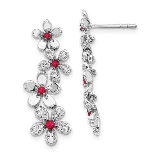 Solid 14k White Gold Simulated CZ & Ruby Earrings