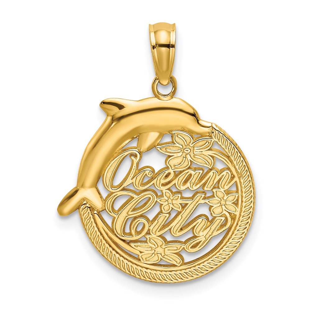 14k Yellow Gold Polished OCEAN CITY w/ Dolphin Charm