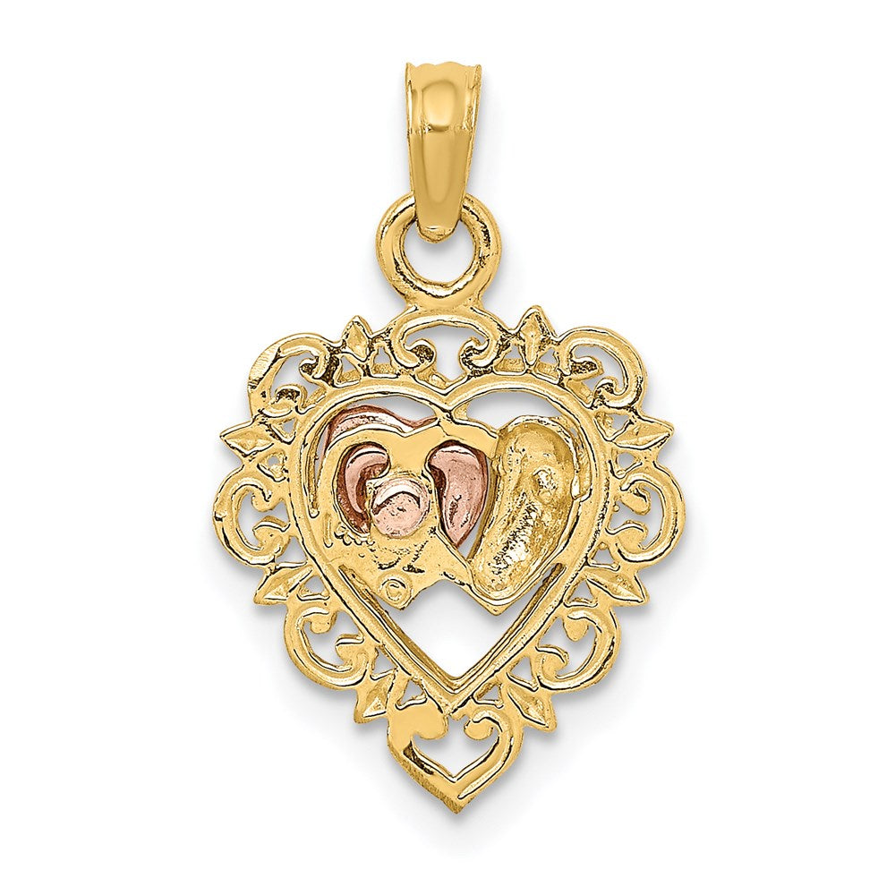 14k Two-tone Gold Yellow and Rose Gold w/White Rhodium Textured Hearts Charm
