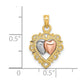 14k Two-tone Gold Yellow and Rose Gold w/White Rhodium Textured Hearts Charm