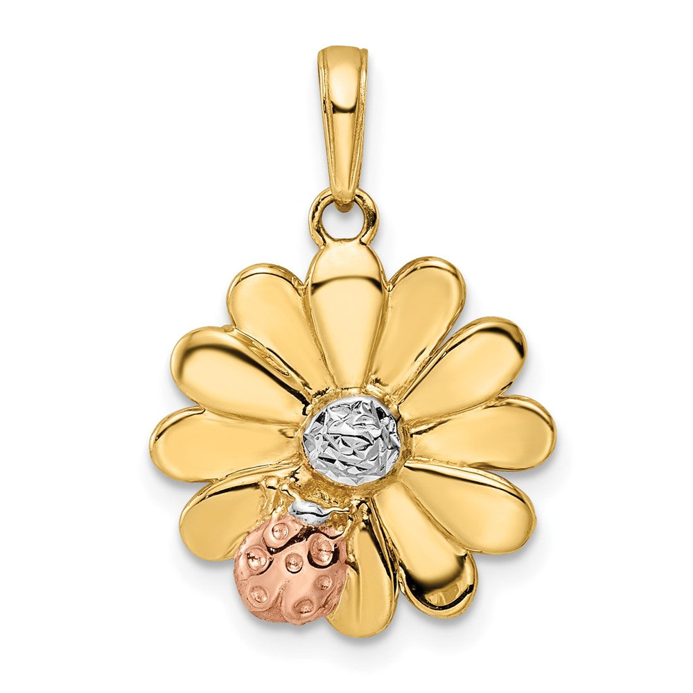 14k Yellow & Rhodium Gold w/White and Rose Rhodium Diamond-cut Ladybug on Flower Pendant