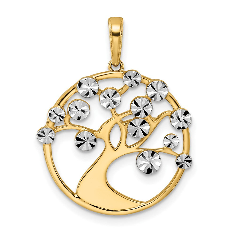 14k Yellow & Rhodium Gold w/White Rhodium Diamond-cut Tree of Life Pendant