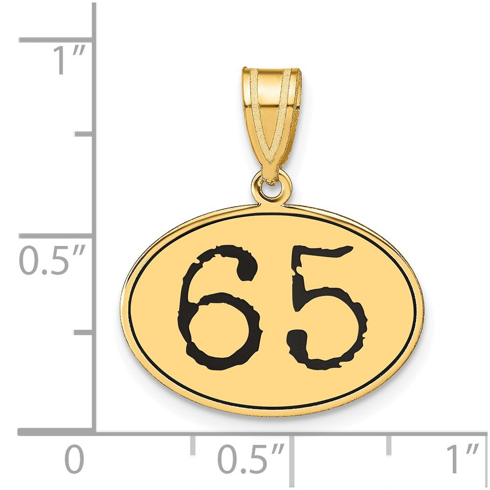 14k Yellow Gold Polished Number 65 Black Enamel Oval Pendant