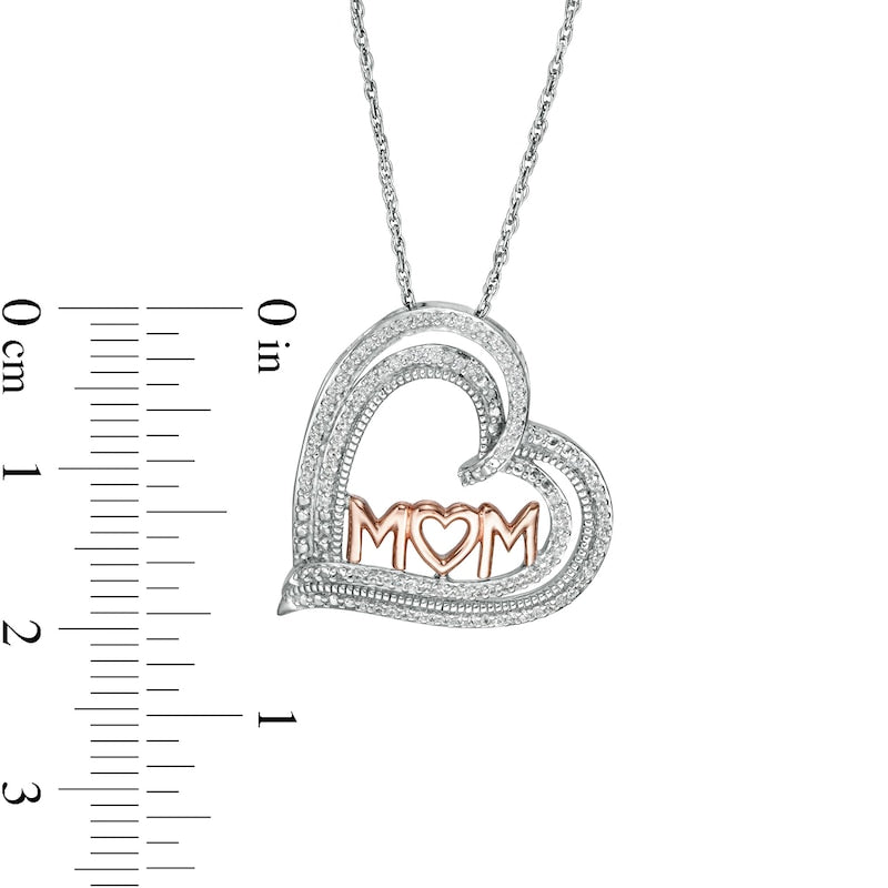 0.2 CT. T.W. Natural Diamond "MOM" Triple Row Heart Pendant in Sterling Silver with 10K Rose Gold